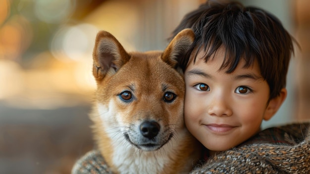 Um menino asiático abraçando um Shiba Inu em um parque enquanto estava sentado com seu cachorro à beira da piscina