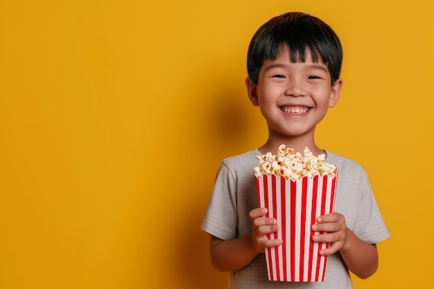 Um menino asiático sorridente a comer pipocas de um grande cinema isolado numa caixa listrada vermelha.