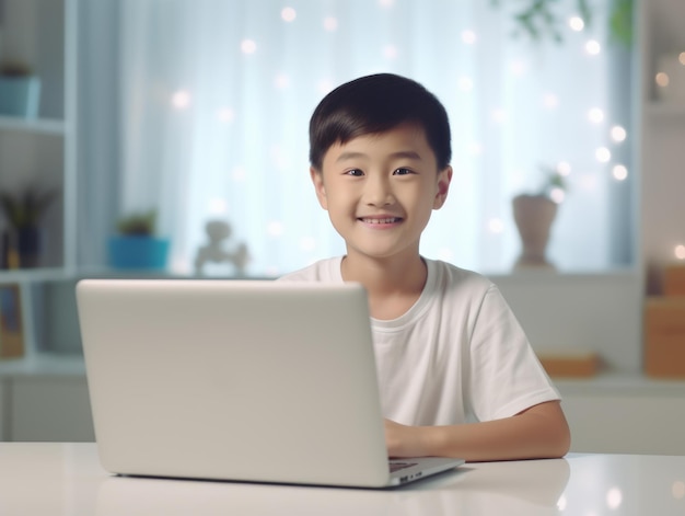 Foto um menino asiático sorridente estudando na frente de um laptop. conceito de escola on-line. estudo em casa.