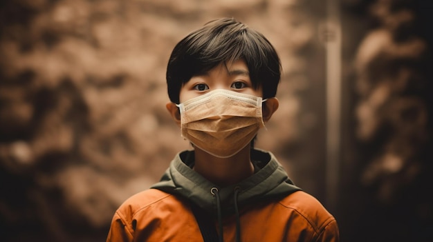 Um menino asiático usando máscara protetora covid 19