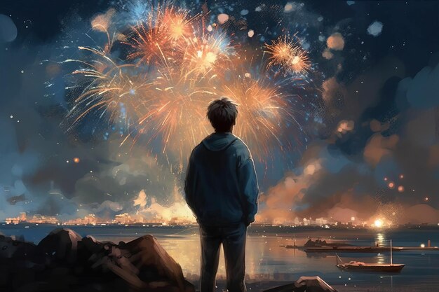 Um menino assiste fogos de artifício da praia