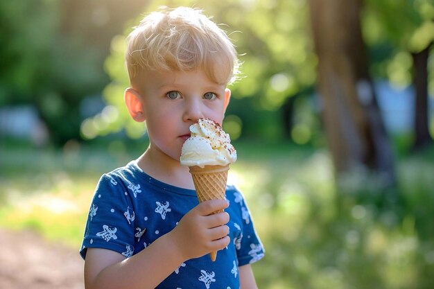 Um menino bonito a comer gelado no parque.