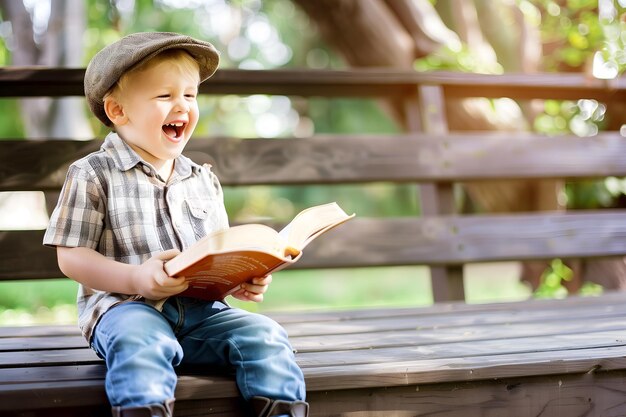 Um menino bonito a ler o livro da Bíblia no campo.