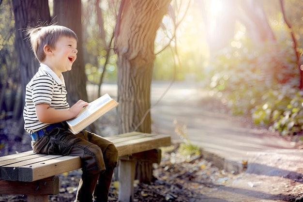 Um menino bonito a ler o livro da Bíblia no campo.