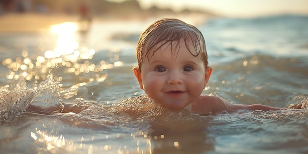 Um menino bonito a nadar no mar na praia ao pôr-do-sol.