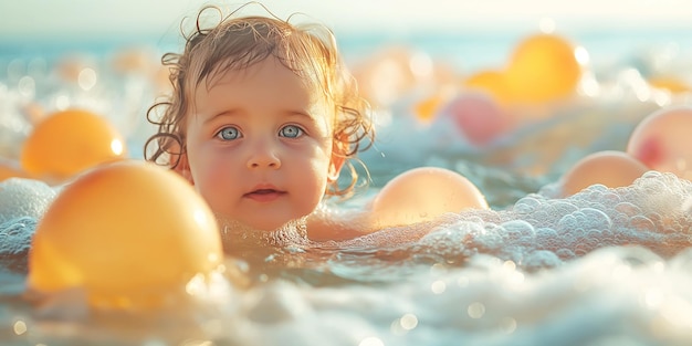 Um menino bonito a nadar no mar na praia ao pôr-do-sol.