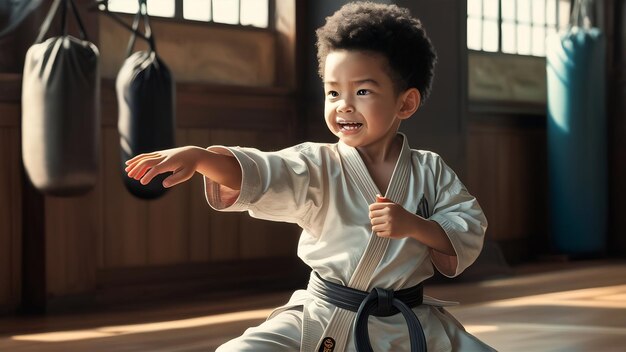 Foto um menino bonito a praticar karaté.