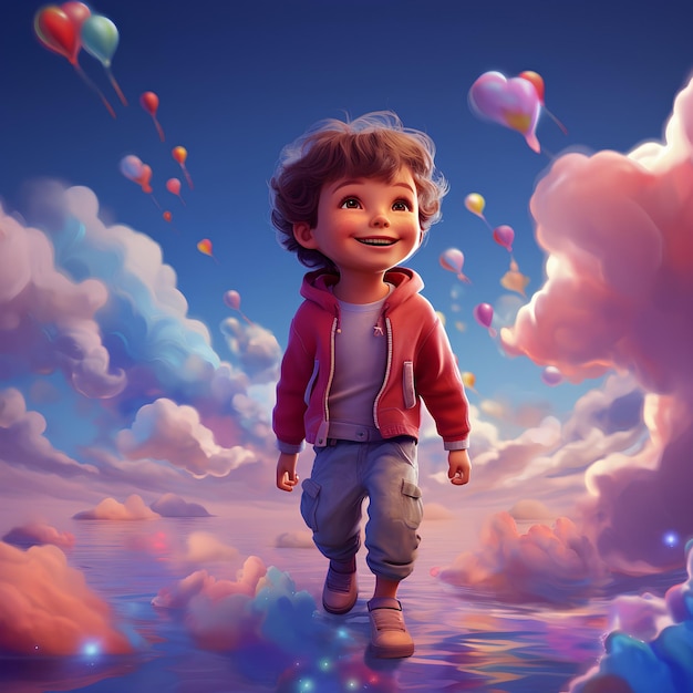 um menino bonito andando nas nuvens menino animado no céu