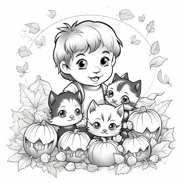 Um menino bonito com arte de linha de halloween