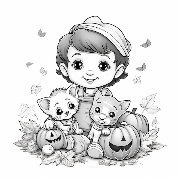 Um menino bonito com arte de linha de halloween