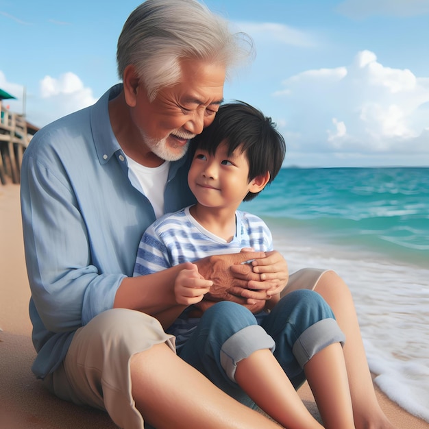 Um menino bonito com o avô a passar tempo juntos na praia.