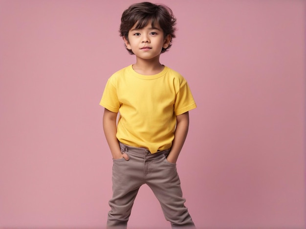 Um menino bonito com penteado bonito e roupas amarelas