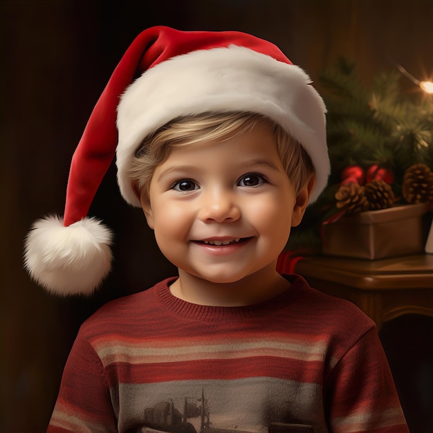 Um menino bonito com um chapéu de Papai Noel na noite de Natal.