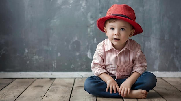 Um menino bonito com um chapéu listrado vermelho senta-se no chão