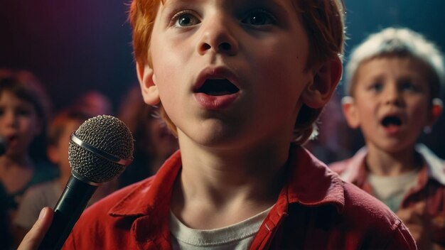Um menino bonito com um microfone a cantar contra um fundo escuro.