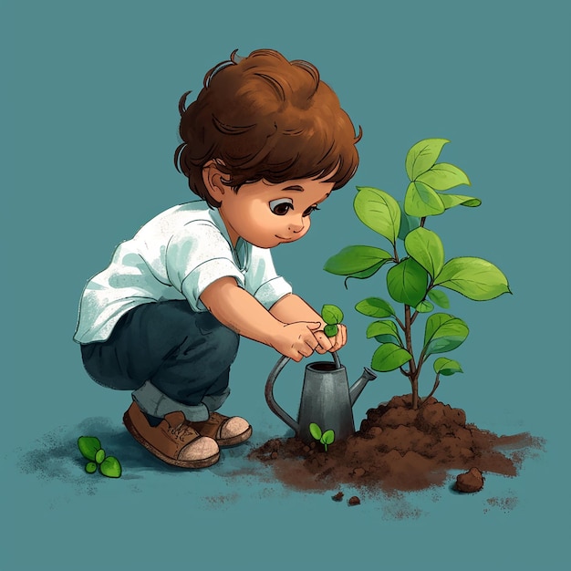Um menino bonito de desenho animado a regar uma planta jovem.