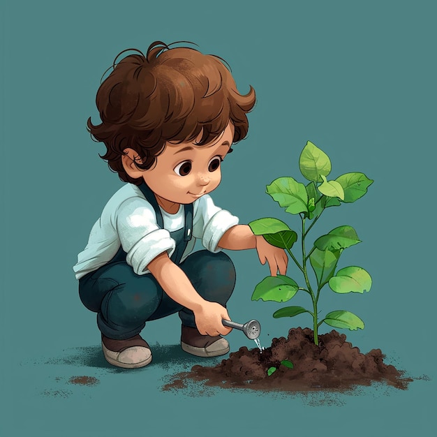 Um menino bonito de desenho animado a regar uma planta jovem.