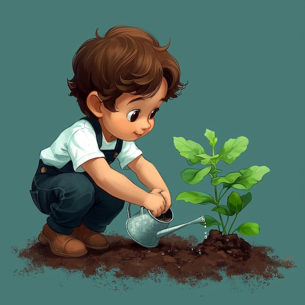 Um menino bonito de desenho animado a regar uma planta jovem.