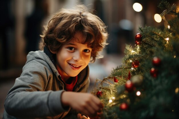 Um menino bonito e alegre envolto na alegria do Natal está ao lado de uma árvore lindamente decorada com ornamentos festivos e luzes cintilantes