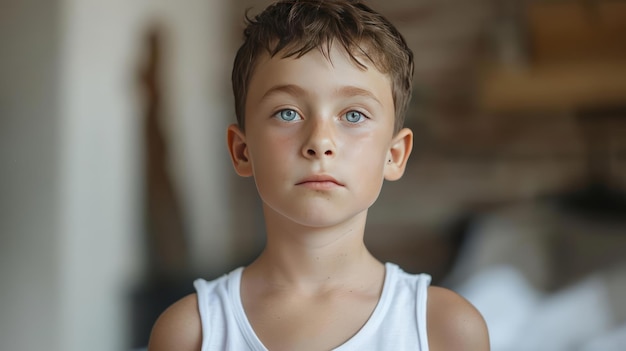 Um menino bonito e magro de 10 anos de idade com pele branca pálida e rosto em forma de coração