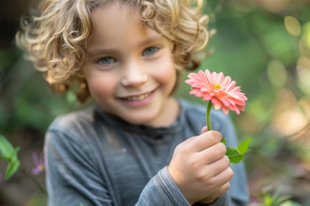 Um menino bonito e sorridente segura uma flor. IA generativa.