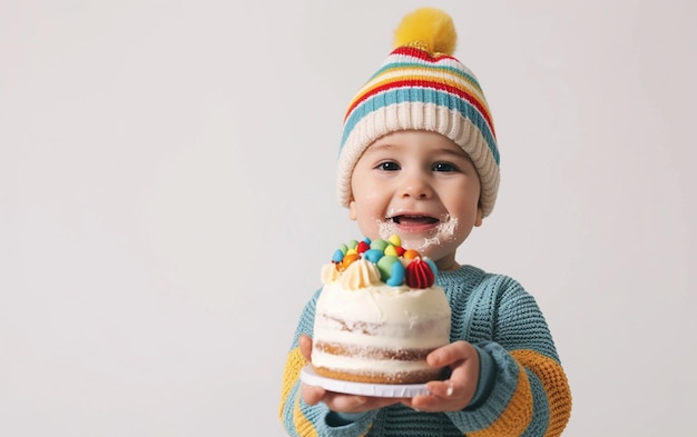 Um menino bonito e sorridente segurando um bolo de aniversário.