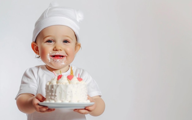 Um menino bonito e sorridente segurando um bolo de aniversário.