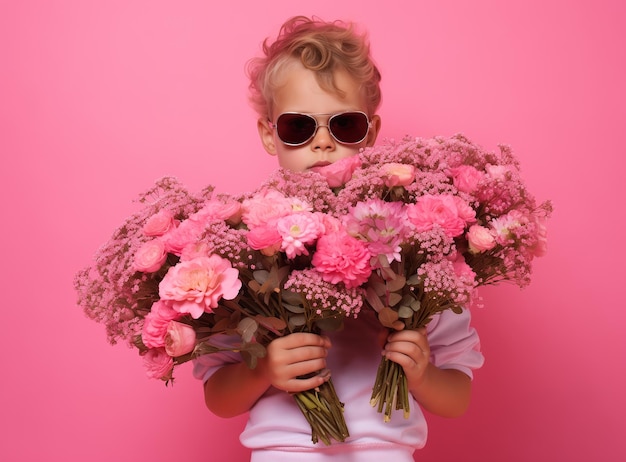 Um menino bonito feliz e sorridente segurando um grande buquê de flores de tulipa com espaço de cópia