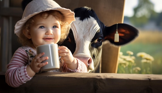 um menino bonito sorrindo e bebendo leite de uma caneca em uma fazenda com uma vaca