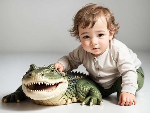 Um menino bonito, velho, de fato de corpo, brinca com um crocodilo sentado em um fundo branco.