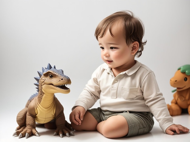 Um menino bonito, velho, de fato de corpo, brinca com um crocodilo sentado em um fundo branco.