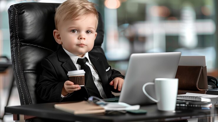 Foto um menino bonito vestido como um homem de negócios sentado em uma cadeira de escritório uma criança pequena com um laptop