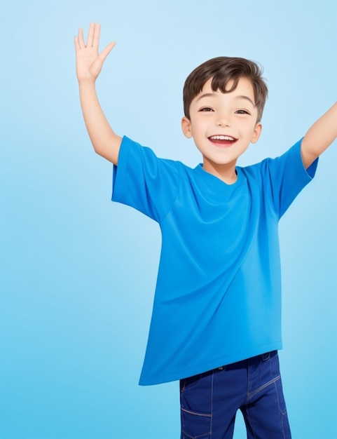 Um menino bonito vestindo uma roupa azul brilhante balançando uma mão no ar com um sorriso alegre