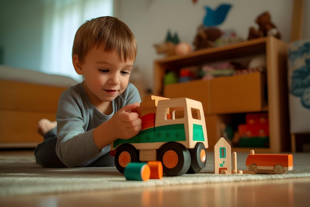 Um menino brinca com um caminhão de brinquedo em uma sala com um pássaro azul na parede.