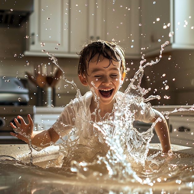 um menino brincando com água salpicando em uma cozinha