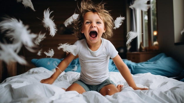 Um menino brincando com brinquedos em um colchão gerado por IA