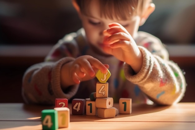 Um menino brincando com números de brinquedos 1 2 3 Closeup