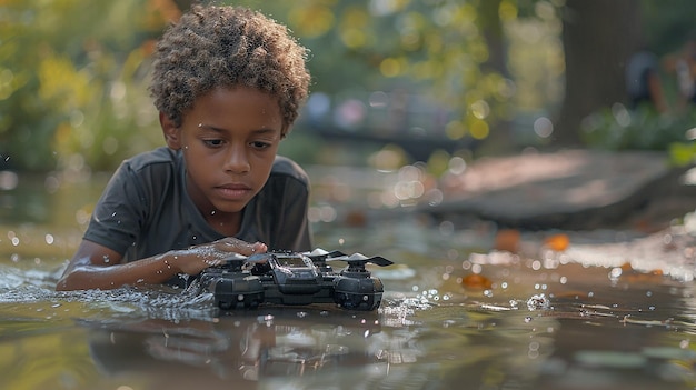 um menino brincando em uma poça com um carro de brinquedo na água