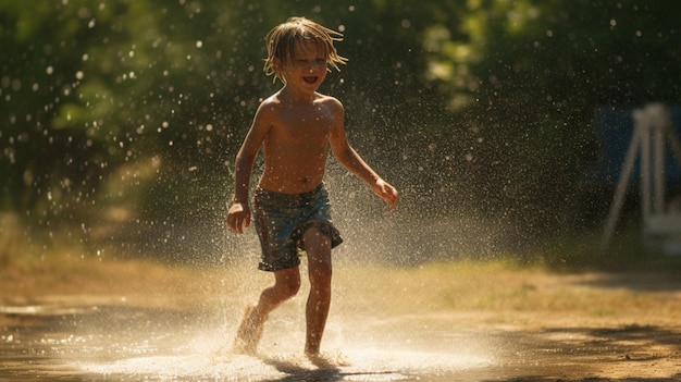 Um menino brincando em uma poça de água