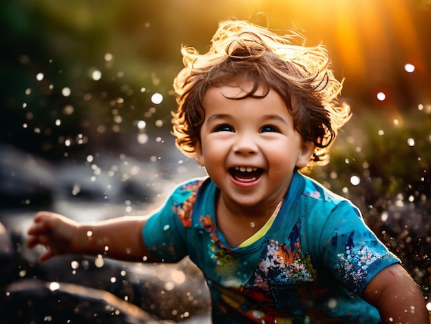 um menino brincando na água com um salpico de água um menino jogando felizmente em ambientes naturais