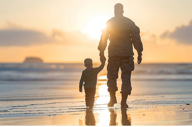 Um menino caminha pela praia com o pai de mãos dadas.