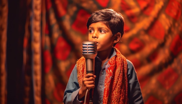 Um menino cantando em um microfone