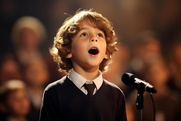 um menino cantando estilo bokeh de fundo