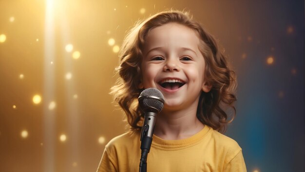 Foto um menino cantor com uma camiseta amarela e cabelo longo canta em um microfone em um fundo mágico amarelo