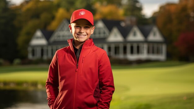 Foto um menino caucasiano alegre a desfrutar de um treino de golfe a sorrir para a câmara no campo de golfe sereno.