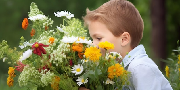 Um menino cheirando flores em um campo
