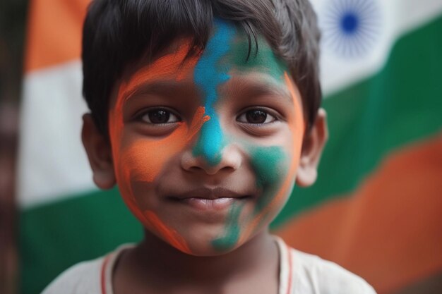 Um menino com as cores da Índia pintadas no rosto