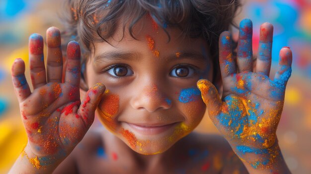 Foto um menino com as mãos cobertas de tinta