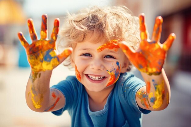 Foto um menino com as mãos pintadas com tinta