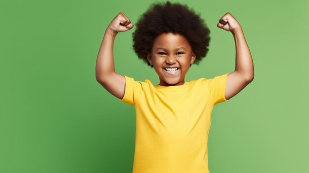 um menino com cabelo afro está sorrindo e levantando os braços